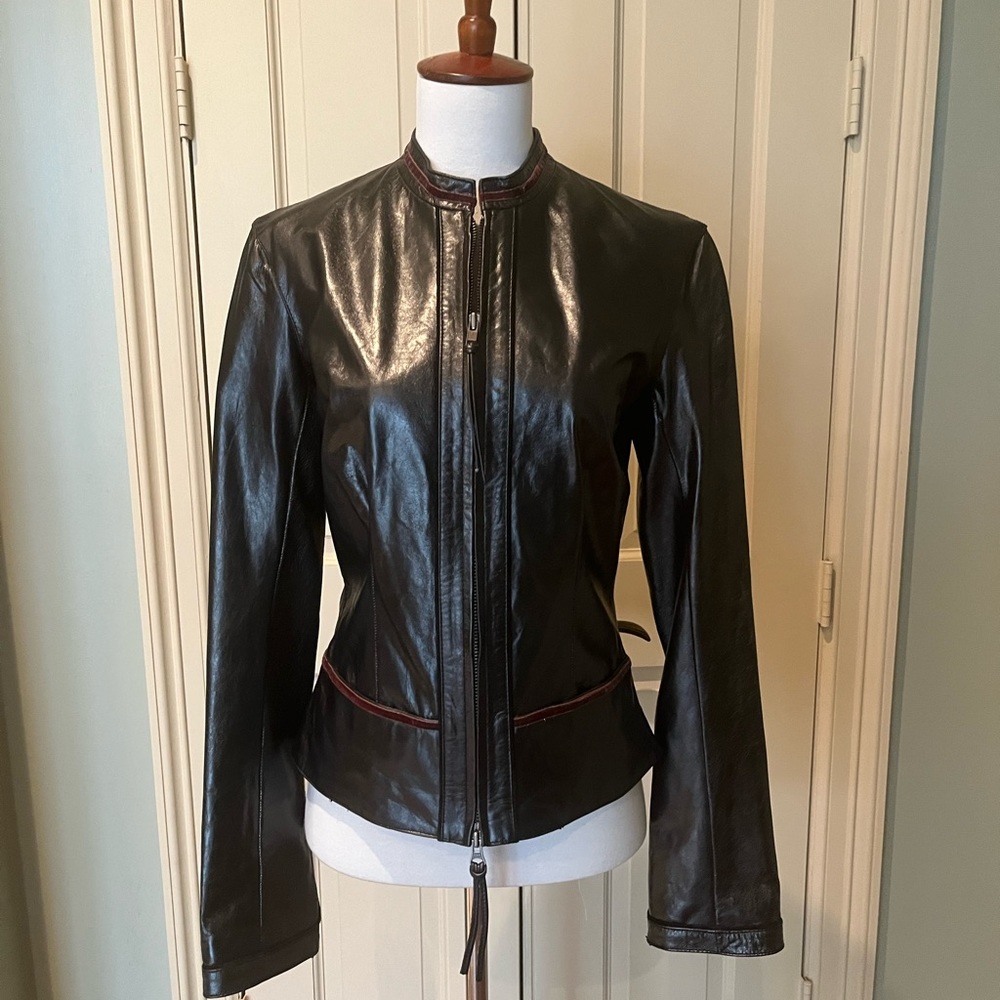 Never worn June black leather jacket with velvet detailing.